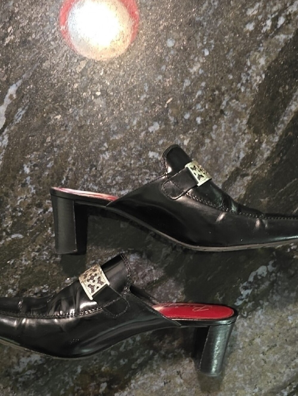 Brighton Black Made In Italy Leather Slip-On Mules with Silver Accent - Picture 2 of 10